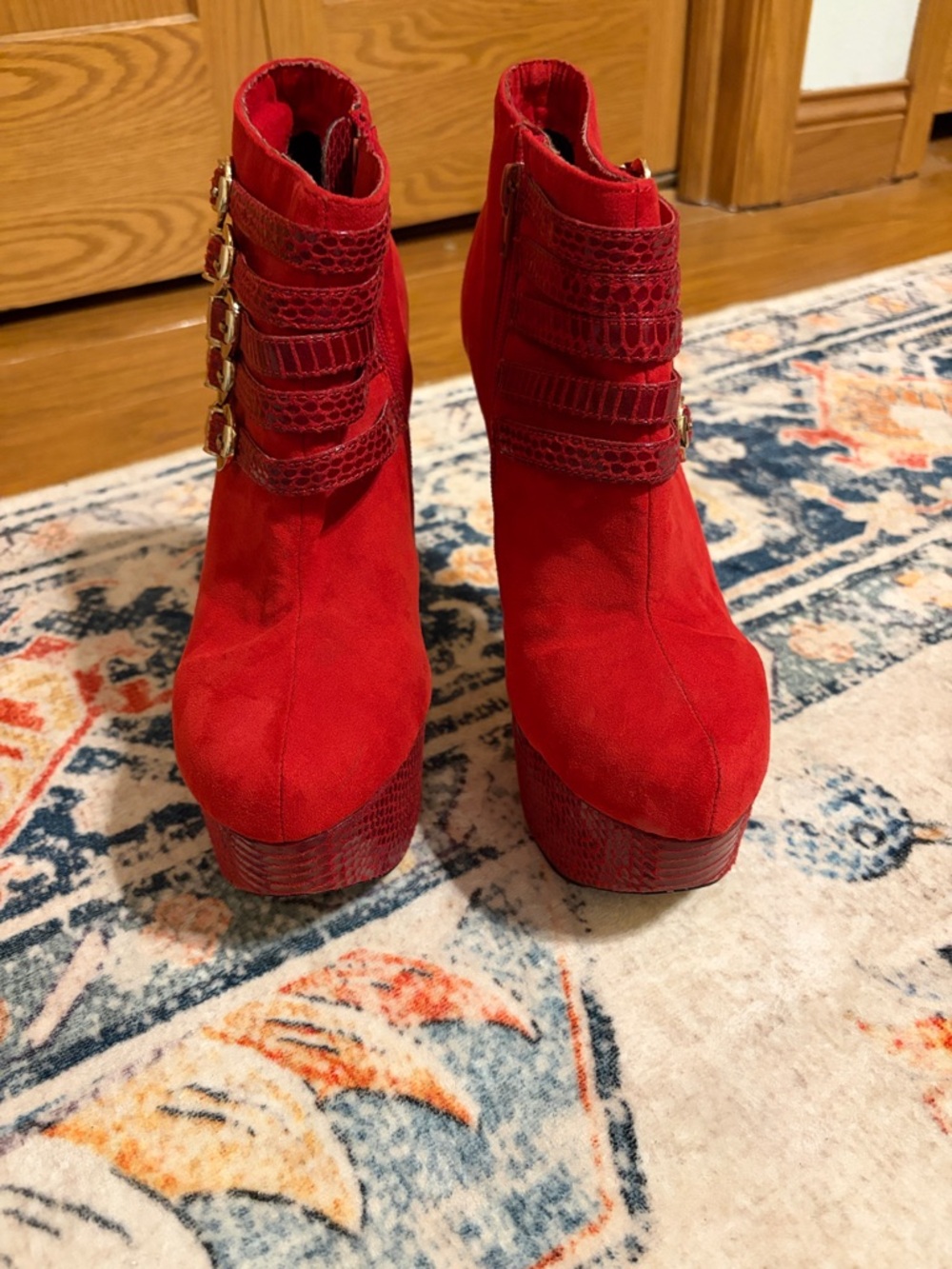 Shoe Dazzle Red Suede Platform Ankle Boots with Gold Buckles - Picture 3 of 8